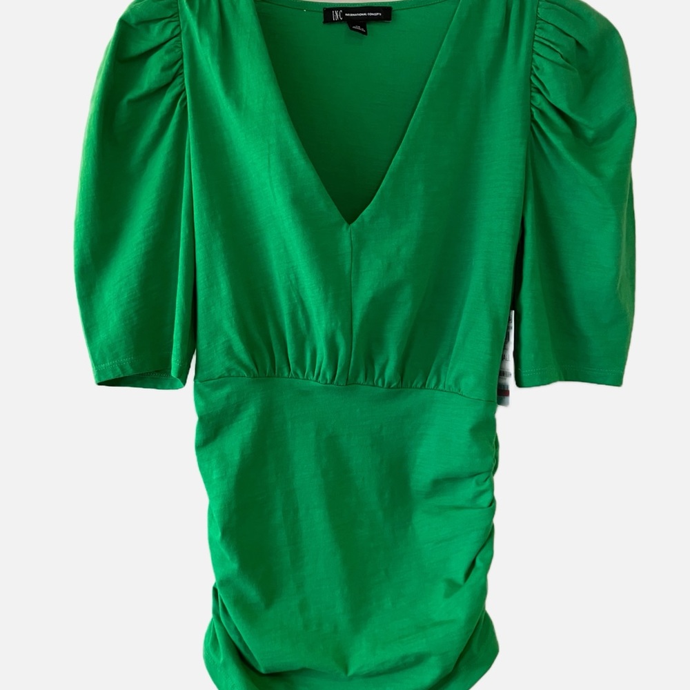 INC International Concepts women’s kelly green v-neck top, gathered 3/4 sleeve